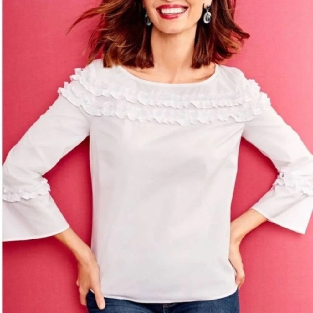 TALBOTS White Ruffle Long Sleeve Blouse Size XS - Picture 2 of 8